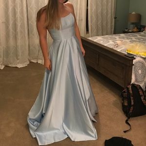 pale blue satin prom dress